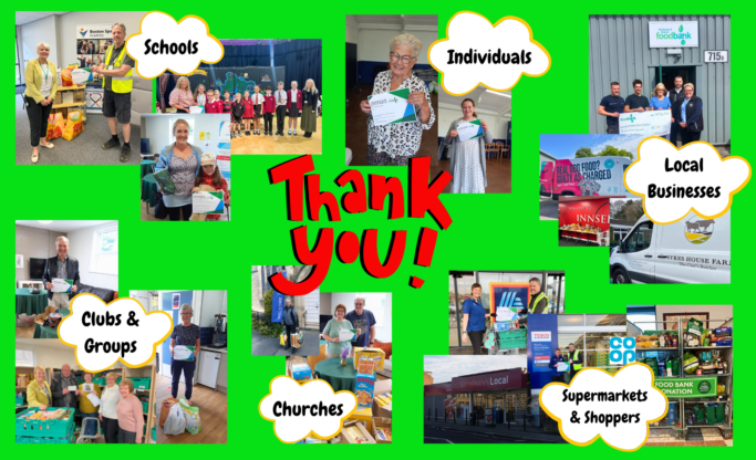 Images of donations from schools, individuals, local businesses, clubs and groups, churches and supermarkets arranged around a large 'Thank you'