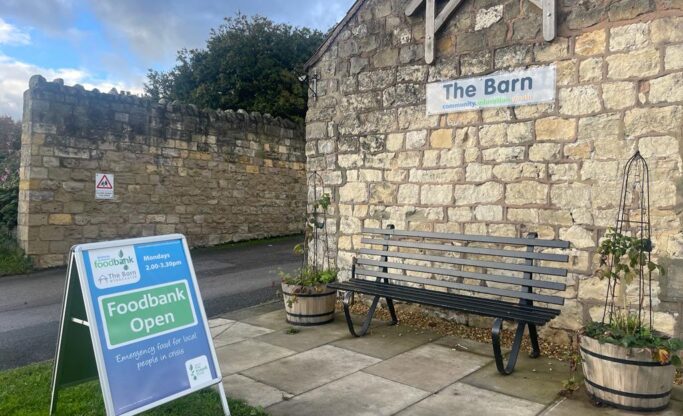 Image showing The Barn building in Tadcaster with Foodbank sign.