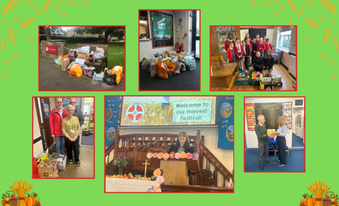 Montage of photos from schooland church harvest donations