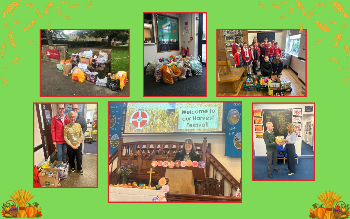 Montage of photos from schooland church harvest donations